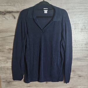 Chico's Linen Blend Collar Pullover Sweater In Navy Blue